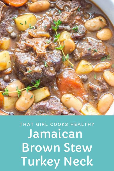 If you love Jamaican oxtail then you will definitely enjoy this recipe. I'm talking pieces of turkey neck that are generously seasoned, seared to lock in that flavour then cooked in the slow cooker for several hours until a rich gravy is formed. #jamaicanfood #caribbeanfood #comfortfood #slowcooker #crockpot Turkey Neck Stew Recipe, Carribean Crockpot Recipes, Slow Cooker Turkey Necks, Stewed Turkey Necks, Turkey Neck Crockpot Recipes, Smoked Turkey Necks Recipes Slow Cooker, Turkey Neck Oxtail, Turkey Neck Recipe Crockpot, Turkey Necks Crockpot Slow Cooker