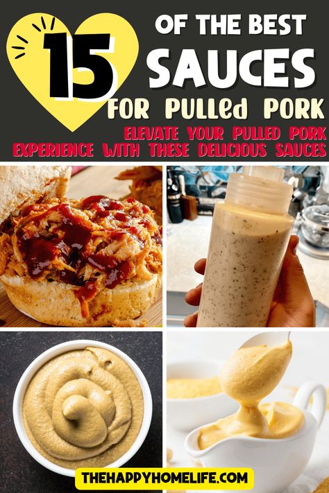 Level up your pulled pork game with these 15 sauces! Our list of classic and innovative options will help you find the perfect accompaniment for your dish. Try something new today and discover the best sauces for pulled pork. Click now to see our delicious recommendations! Pulled Pork Finishing Sauce, Pulled Pork Sauce Recipe, Pulled Pork Dishes, Pulled Pork Dip, Pulled Pork Sauce, Perfect Pulled Pork, Best Sauces, Mustard Bbq Sauce, Pork Sauce