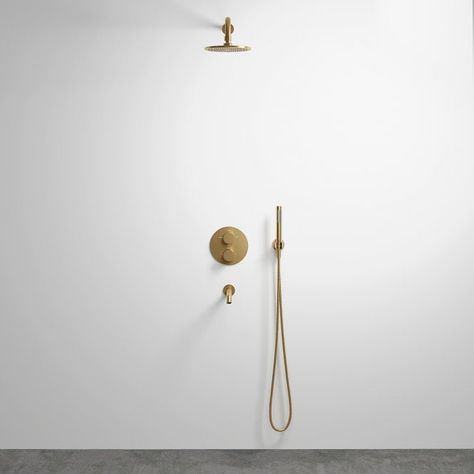 Shower Sets, Stone Basins & Bathroom Suites by Lusso Wet Bathroom, Brushed Gold Bathroom, Spanish Bungalow, Gold Taps, Bath Spout, Gold Shower, Shower Storage, Brass Shower, Luxury Shower