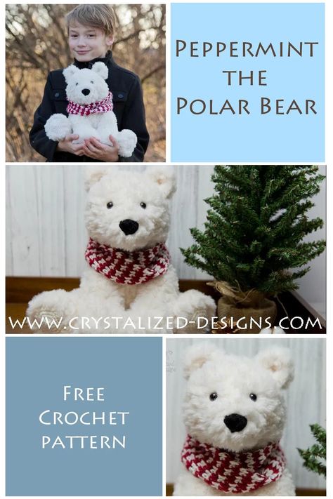 Peppermint the Polar Bear Free Crochet Pattern by Crystalized Designs Crochet Bear Realistic, Crochet Arctic Animals, Crochet Black Bear Pattern, Fuzzy Yarn Crochet Projects Free, Free Crochet Polar Bear Pattern, Yeti Crochet Pattern Free, Polar Bear Crochet Pattern Free, Crochet Polar Bear Pattern Free, Fur Yarn Crochet Patterns