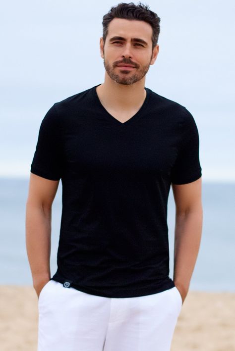 Black Silky V Neck Tee Over 50 Fitness, Under Shirt, Yacht Life, Mens Casual Dress, Men Clothes, Casual Blazer, Mens Casual, Casual Style Outfits, Style Outfits