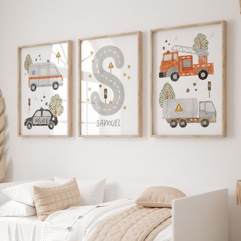 A set of three prints featuring emergency vehicles and an initial & name print. A perfect new baby boy gift, or a great way to add the finishing touches to your own child's transportation or vehicle themed nursery, playroom or bedroom space. Toddler Bedroom Boy Themes, Toddler Boy Bedroom Ideas Themes, Car Toddler Room, Toddler Floor Bed, Toddler Boy Room Decor, Boy Toddler Bedroom, Boys Room Wall Art, Birth Prints, Toddler Room Decor