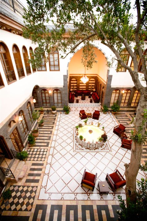 Courtyard, Beit Zafran Hotel de Charme | Damascus, Syria. Marrocco House, Style Hacienda, Moroccan Architecture, Damascus Syria, Courtyard House Plans, Casas Coloniales, Hacienda Style, Luxury Boutique Hotel, Courtyard House