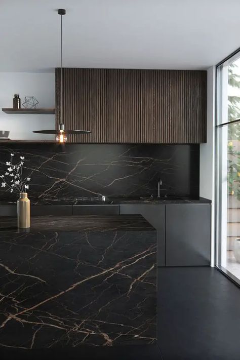 2024 Trends in Wood Kitchen Cabinets: Elegance Meets Functionality Brown Kitchen Designs, Black Feature Wall, Countertops Bathroom, Kitchen Ideas Modern Luxury, Dark Kitchen, Brown Kitchens, Wood Kitchen Cabinets, Modern Kitchen Cabinets, Dark Kitchen Cabinets