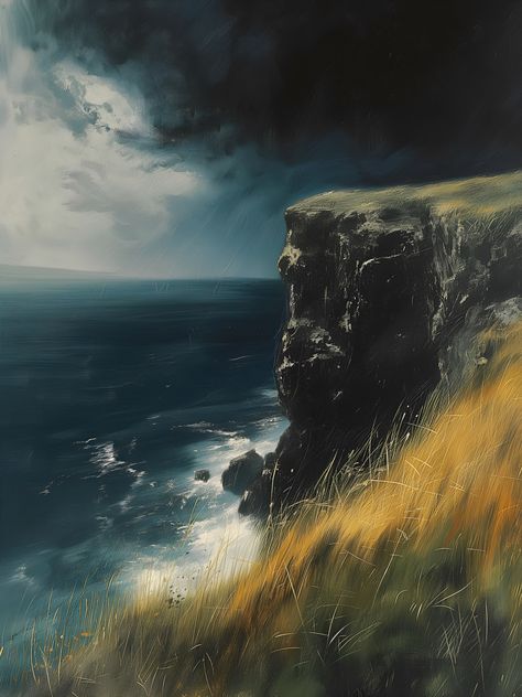 Stormy Sea Painting Tutorial, Cliff Painting, Dark Academia Printable, Cliff Art, Yellow Landscape, Decor Dark Academia, Vintage Nautical Decor, Ocean Storm, Dark & Stormy