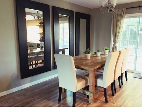 Vertical mirrors behind the dining room table makes the space look taller, larger, and more modern!  @Bunker Hill Remodel: 3 Mirrors in the Dining Room 3 Mirrors In Dining Room, Mirrors In Dining Room, Mirror In Dining, Mirror In Dining Room, 3 Mirrors, Scandinavian Dining Room, Boho Dining Room, Mirror Dining Room, Dining Room Remodel