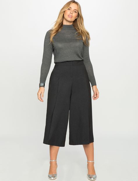 Wool Blend Pleated Culotte Black Cullotes Outfits, Grown Style, Culottes Outfit, Executive Fashion, Plus Size Fashion Tips, Prep Style, Pants Plus Size, Ladies Turtleneck Sweaters, Work Trousers