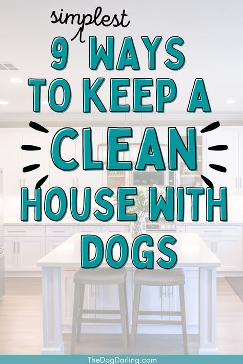 A clean kitchen with stools and counters Dogs Inside House Ideas, Dog Proof Living Room Decor, Cleaning Hacks With Dogs, How To Keep Dog Hair Off Of Everything, How To Clean Dog Hair In House, Dog Cleaning Hacks, Dog Hair Cleaning Life Hacks, Cleaning Dog Hair House, Apartment With Dog Ideas