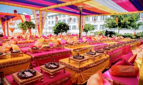 Photo of Colorful decor setup for a sit down lunch India Wedding Decorations, Lunch Decor, Indian Wedding Food, Event Venue Design, Haldi Decoration Ideas, Wedding Management, Wedding Lunch, Mehendi Decor Ideas, Home Flower Decor