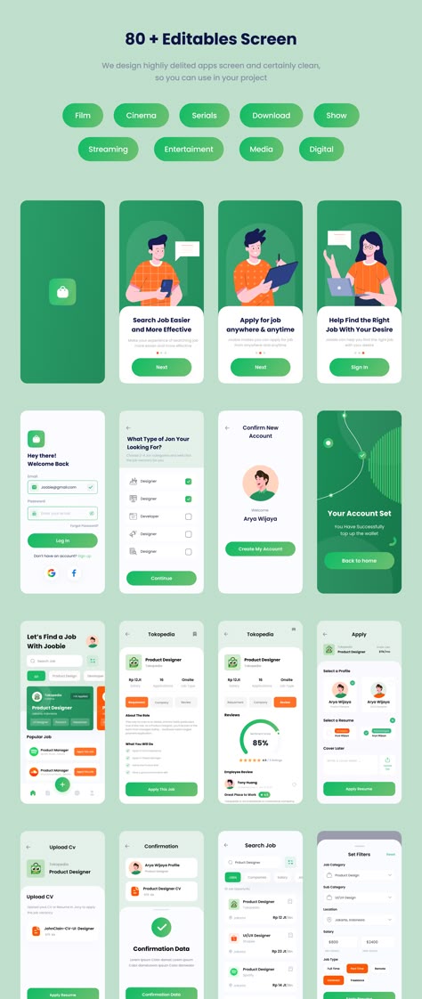 Jobie - Job Finder App — UI Kits on UI8 Job Finder App, Mobile App Design Templates, Mobile App Ui Design Inspiration, Food App Ui, Creative App Design, Ecommerce Mobile App, Application Ui Design, Desain Ux, App Ui Design Inspiration