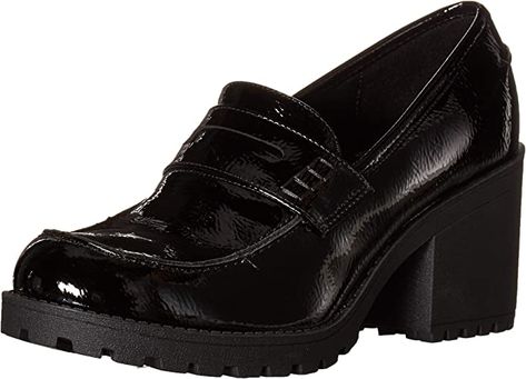 Heeled chunky black patent womens loafers Womens Heeled Loafers, Tall Shoes, Dirty Laundry Shoes, Loafer Shoe, Formal Fashion, Chunky Loafers, Fashion Aesthetics, Platform Loafers, Dirty Laundry