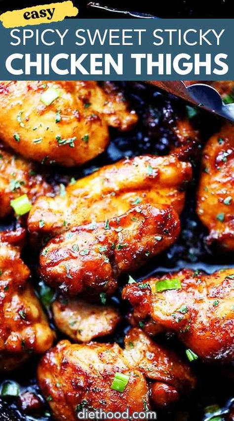 This is an easy and quick one-skillet meal that includes delicious and tender sticky chicken thighs seasoned with a homemade spice rub and brushed with an amazingly sweet honey sauce. Sweet And Sticky Chicken, Diethood Recipes, Sticky Chicken Thighs, Honey Chicken Thighs, Sticky Chicken Recipe, Healthy Chicken Thigh Recipes, Chicken Thighs Dinner, Bbq Chicken Thighs, Honey Bbq Chicken