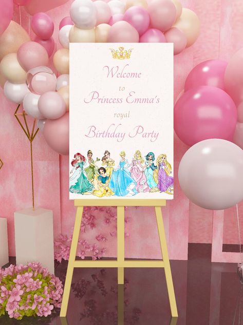 Simple Princess Birthday Decorations, Disney Princesses Birthday Theme, All Princess Birthday Party, Princess Party Signs, Princess Party Welcome Sign, Princess Pool Party Ideas, First Princess Birthday Party, Disney Princess 1st Birthday Party Ideas, Princess Aesthetic Birthday Party