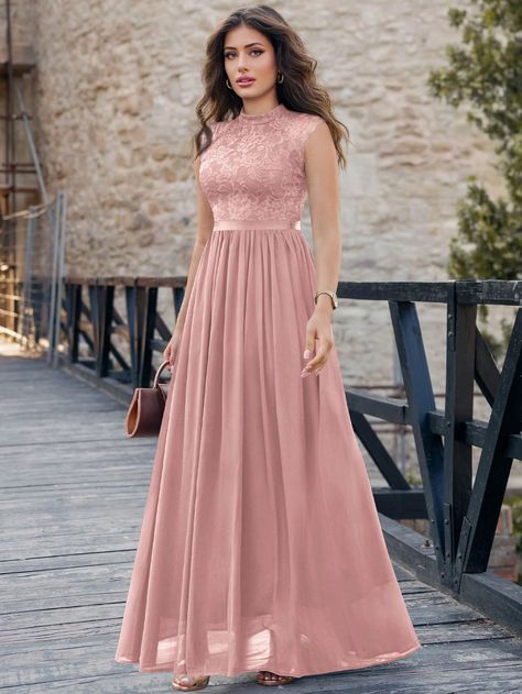 Vestido con cremallera trasera con encaje de cuello alto Rosa Pálido   Manga capa Encaje Color combinado,Liso,Plantas A línea Elástico Ligero Todo Weddings & Events, size features are:Bust: ,Length: ,Sleeve Length: Lace Chiffon Bridesmaid Dress, Wedding Guest Gowns, Vestidos Color Rosa, Maxi Dress Prom, Wedding News, Dresses Xxl, Dress Dusty, Pink Prom Dresses, Women Formals