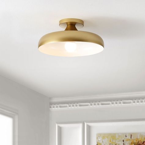 Alessia Gold And White Metal Semi Flush Mount Ceiling Light - World Market Antique Brass Semi Flush Mount Light, Small Ceiling Light Fixtures, Flush Bathroom Ceiling Light, Farmhouse Office Light Fixture, Flushed Light Fixtures, Brass Entry Light Fixture, Office Light Fixture Ceiling, Small Kitchen Ceiling Lights, Office Overhead Lighting