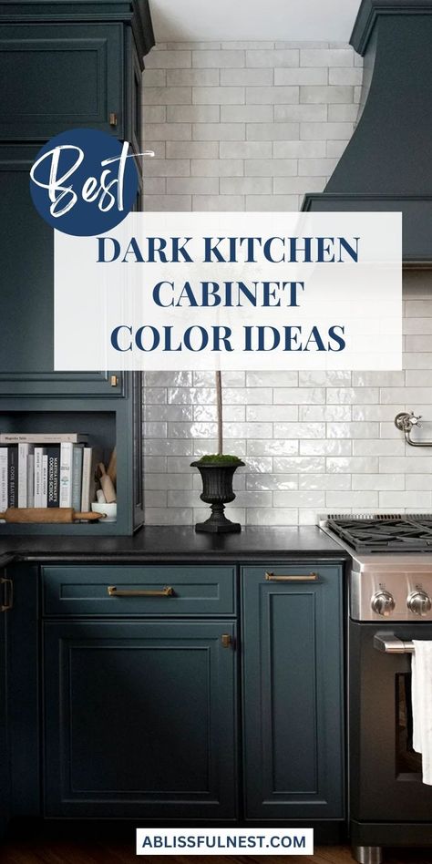 Elevate your kitchen with the allure of dark kitchen cabinet colors. These rich and moody hues create a captivating atmosphere that is both stylish and inviting. Whether you choose a deep navy, a charcoal gray, or a forest green, dark cabinets add a touch of luxury and drama to your culinary haven. #darkkitchencabinets #kitchenideas #kitchendesign Kitchen Cabinet Colors Dark Countertops, Kitchen Paint Colors With Blue Cabinets, Blue Gray Kitchen Cabinets With Dark Counters, Dark Blue Green Kitchen Cabinets, Deep Teal Cabinets, Sherwin Williams Moody Blue Cabinets, Dark Painted Kitchen Walls, Sea Serpent Sherwin Williams Cabinets, Painted Cabinets With Black Countertops