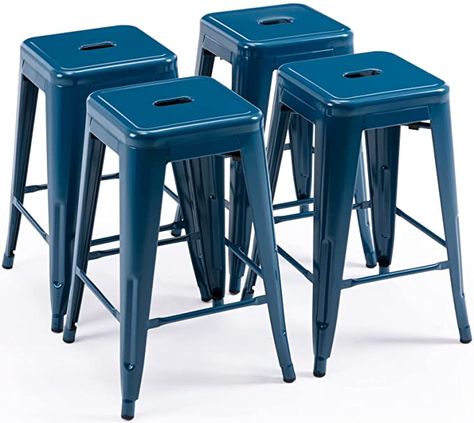 Amazon.com: 24" High Barstools Backless Blue Metal Barstool Indoor-Oudoor Counter Height Stool with Square Seat, Set of 4 : Home & Kitchen Bar Stools Backless, Metal Barstools, Stackable Stools, Cool Bar Stools, High Bar Stools, Outdoor Patio Bar, Counter Height Stool, Kitchen Counter Stools, Industrial Bar Stools