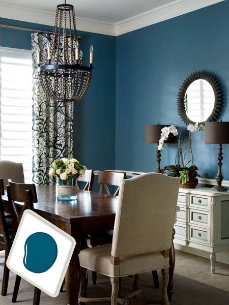 This enveloping blue, tinged with green and black, sets off classic white-painted crown molding and chair rail beautifully. For a similar look, try Valspar Azure Jazz. | Photo: Ryann Ford | thisoldhouse.com Blue Dining Room, Dining Room Paint Colors, Dining Room Paint, Dining Room Blue, Dining Room Colors, Hunter Douglas, Room Paint Colors, Blue Rooms, Dining Room Inspiration