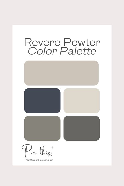 Here are the best coordinating colors to pair with Benjamin Moore Revere Pewter. Review Pewter Benjamin Moore, What Colors Go With Revere Pewter, Bm Revere Pewter Exterior, Revere Pewter Trim And Doors, Revere Pewter Coordinating Paint Colors, One Shade Darker Than Revere Pewter, Revere Pewter And Urbane Bronze, Benjamin Moore Door Paint Colors, Revere Pewter Benjamin Moore Bedroom