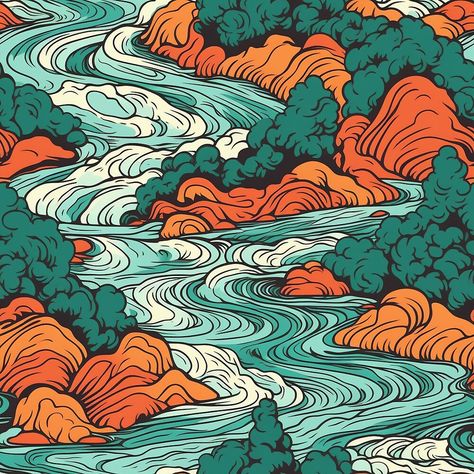 River Line Drawing, Mountain River Illustration, Mountain Pattern Design, River Graphic Design, Blue Swordsman, River Cartoon, Coastline Painting, Fantasy River, River Mural