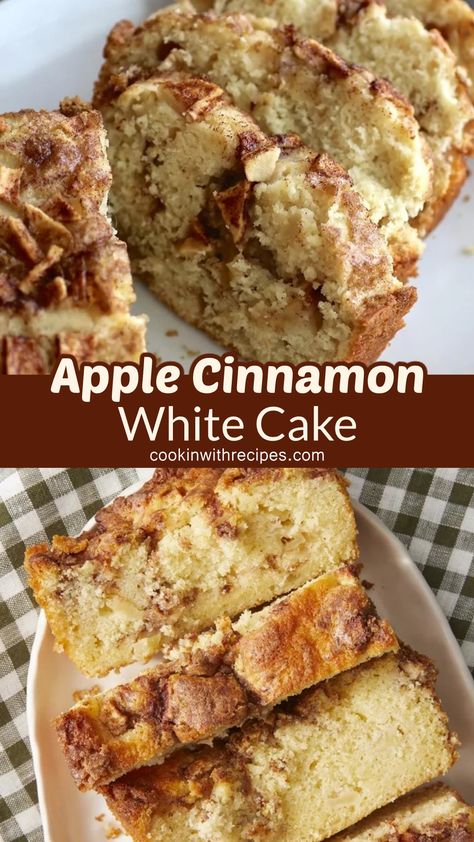 Apple Cinnamon White Cake Recipe Apple Cinnamon White Cake, Cinnamon Cake Recipes, Apple Tea Cake, Apple Cinnamon Cake, Apples And Cinnamon, Scoop Of Ice Cream, White Cake Recipe, Canned Apples, Cinnamon Cake