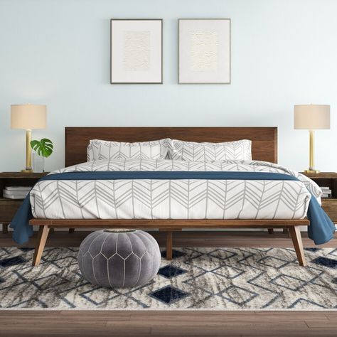 Corrigan Studio® Migdalia Platform Bed | Wayfair Mid Century Bed Frame With Green Bedding, Mid Century Modern Bedroom King Bed, Platform Bed Mcm, Mid Century Modern King Bed Frame, Midcentury Modern Beds, Wooden King Size Bed Master Bedrooms, Low Profile King Bed Frame, Mid Century Modern King Bed, Mcm Bed Frame