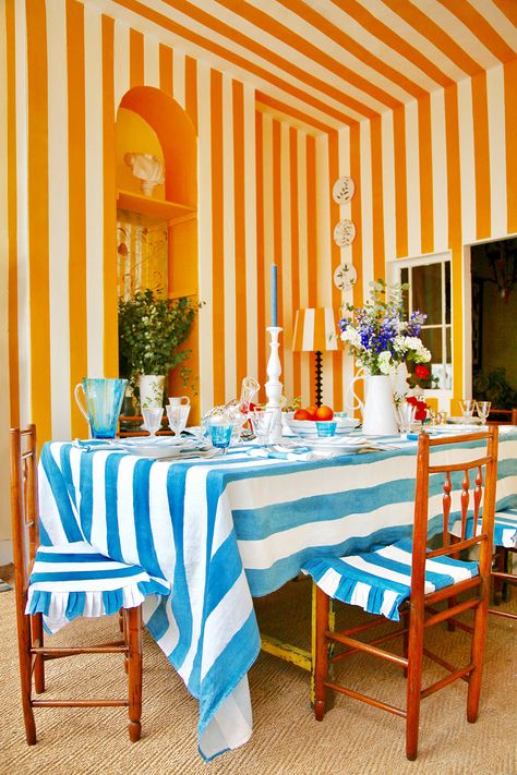 Essentials Clothes, Current Design Trends, Yellow Sky, Table Cloths, Striped Wallpaper, Home Trends, Striped Rug, Decor Items, Linen Tablecloth