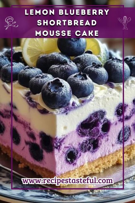 This Lemon Blueberry Shortbread Mousse Cake is a beautiful blend of tart lemon mousse, sweet blueberry compote, and a buttery shortbread crust. It’s the perfect dessert to impress guests or to treat yourself with something light and refreshing yet indulgent. Blueberry Shortbread, Blueberry Mousse, Mousse Cake Recipe, Lemon Mousse, Buttery Shortbread, Blueberry Compote, Shortbread Crust, Refreshing Desserts, Mouse Cake