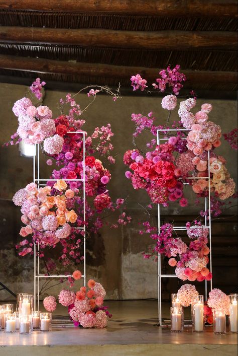 Wedding Ceremony Floral Arch in shades of Pink with a touch of Peach Peach And Fuschia Wedding, Colorful Floral Installation, Extravagant Wedding Florals, Wedding Feature Wall, Wedding Arch Pink, Ombre Pink Wedding, Pink Wedding Arch, Floral Arch Backdrop, Pink Wedding Ceremony