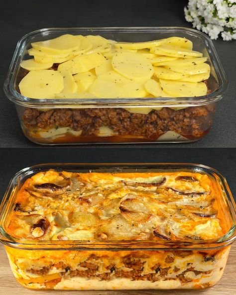 Italian Layered Potato Bake Layered Potato Bake, Layered Potato Casserole, Mince Dishes, Meat And Potatoes Recipes, English Recipes, Italian Potatoes, Layered Potato, Minced Meat Recipe, Meat Casserole