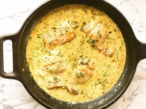 Milk Chicken, Turmeric Chicken, Coconut Milk Chicken, Cast Iron Chicken, Lemon Coconut, Organic Chicken, Lemon Wedge, White Onion, Fresh Thyme