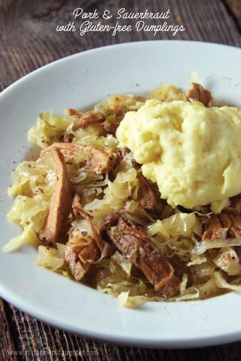 PA Dutch Pork and Sauerkraut - Mr. Farmer's Daughter Crockpot Pork And Sauerkraut, Pork Sauerkraut, Pork And Sauerkraut Recipe, Pork Roast And Sauerkraut, Pork Chops And Sauerkraut, Pork And Sauerkraut, Gluten Free Dumplings, Crockpot Pork Roast, Slow Cooker Pork Roast