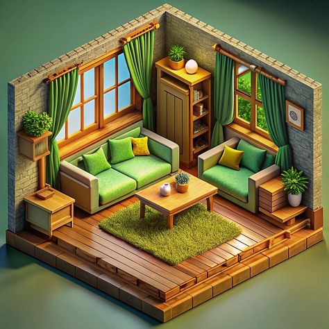 Olive green isometric cozy cube messy room Small Rooms Ideas, Markers Drawing Architecture, Isometric House, Environment Model, 3d Diorama, Isometric Room, 3d Maya, Markers Drawing, Cozy Art