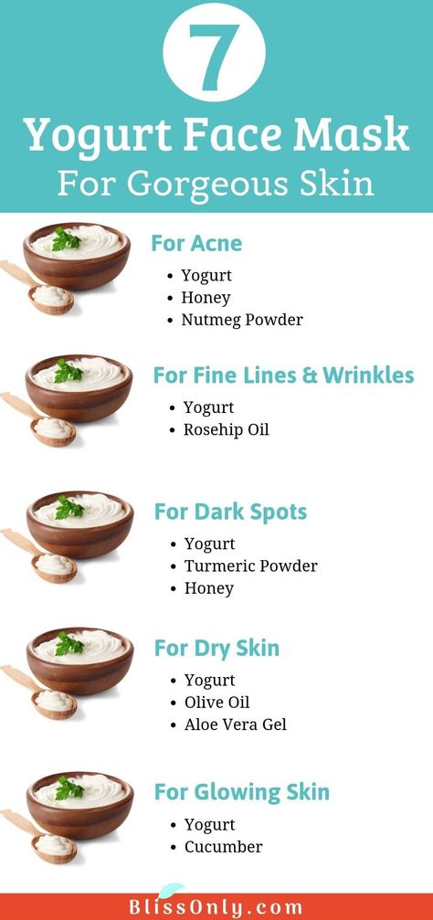 Try these 7 easy yogurt face mask for getting healthy and gorgeous skin. Yogurt is a great natural ingredient for skin and provides benefits like treating acne, dry skin, fading dark spots, scars, reducing wrinkles, healing sunburn and more. Check out how to make face mask. Yogurt Face Mask, Treating Acne, Mask For Dry Skin, Healing Dry Skin, Tumeric Face Mask, Acne Face Mask, Dark Spots On Face, Brown Spots On Face, Face Mask Recipe