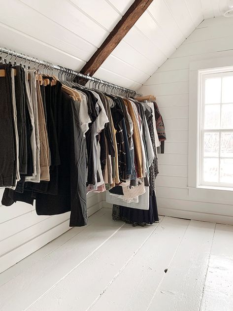 Slanted Ceiling Clothes Rack, Open Closet Slanted Ceiling, Attic Clothes Storage, Attic Turned Into Closet, Slanted Roof Closet Ideas, Exposed Closet Bedroom, Diy Attic Closet, A Frame Closet Ideas, Loft Closet Ideas Slanted Walls