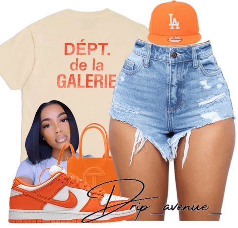 Orange Dunks Outfit, Orange Dunks, Drip Ideas, La Dodgers Hat, Dodgers Hat, Dunks Outfit, Estilo Swag, Streetwear Girl, Teen Swag Outfits