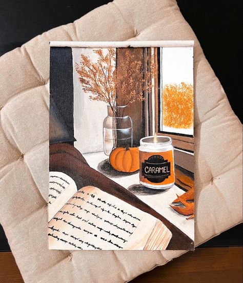 Fall Vibe Painting, Cozy Painting Ideas On Canvas, Fall Crafts Painting, Cozy Acrylic Painting, Book Paintings On Canvas, Autumn Painting Aesthetic, Simple Autumn Painting, Bookish Painting Ideas, Autumn Aesthetic Drawing