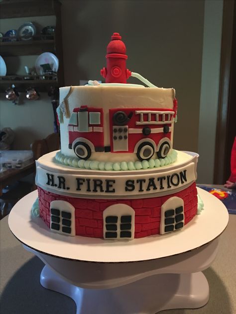 Fire Station Baby Shower Cake Fire Station Cake, Fire Station Birthday Cake, Fire Department Cake Ideas, Firefighter Station, How To Make A Fire Truck Cake, Fire Truck And Police Car Birthday Cake, Firetruck Birthday Cake Buttercream, Police Birthday Cakes, Firefighter Cake