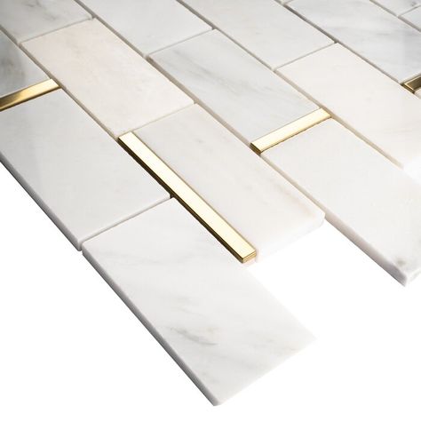 Supreme Tile Natural Bianco 2" x 4" Marble Brick Joint Moisac Tile | Wayfair Flipped Houses, Gold Tile Backsplash, Gold Backsplash, Gold Splash, River Retreat, Chinese Kitchen, Gold Tile, Bath Tiles, Modern Tiles