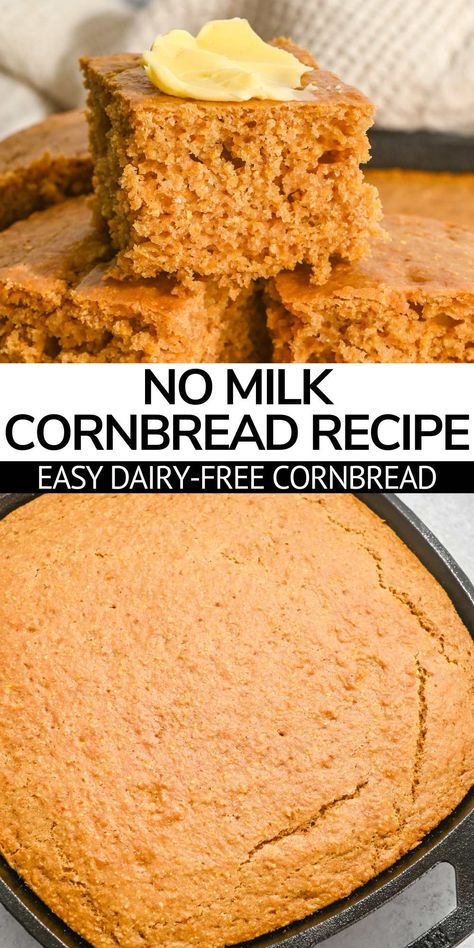 This light, fluffy, and moist sweet cornbread recipe without milk is delicious, even with no milk, and is dairy-free! Serve with soups for a hearty meal. Non Dairy Bread Recipe, Cornbread No Milk, Cornbread Recipe No Milk, Cornbread Recipe Without Milk, Moist Sweet Cornbread Recipe, Recipes Without Dairy, Moist Sweet Cornbread, Dairy Free Cornbread Recipe, Dairy Free Cornbread