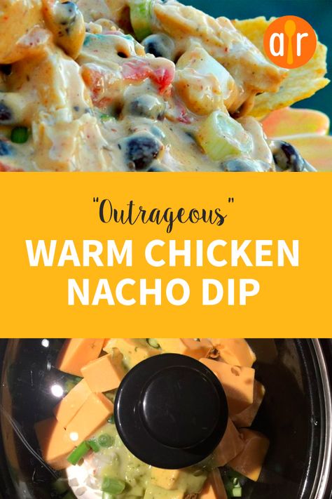 Outrageous Warm Chicken Nacho Dip | "This is my jazzed up version of classic queso dip taken to a heartier level, perfect for football games, tailgating or for taking along to pot lucks in a slow cooker!" #allrecipes #slowcooker #slowcookermeals #slowcookerrecipes #slowcookerideas #slowcookersupper #slowcookerdinner #crockpot #crockpotdinner #crockpotmeals #crockpotsupper #crockpotdinnerideas #crockpotsupperideas #crockpotrecipes #crockpotideas Chicken Nacho Dip Recipe, Warm Chicken Nacho Dip, Chicken Nacho Dip, Nacho Dip Recipe, Crockpot Nachos, Nachos Dip Recipe, Crock Pot Suppers, Nacho Dip, Crockpot Appetizers