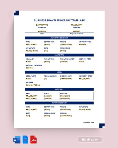 Business Travel Itinerary Template Travel Preparation, Car Rental Company, Quote Template, Itinerary Template, Turkish Airlines, Travel Itinerary Template, Template Word, Price Quote, Schedule Template