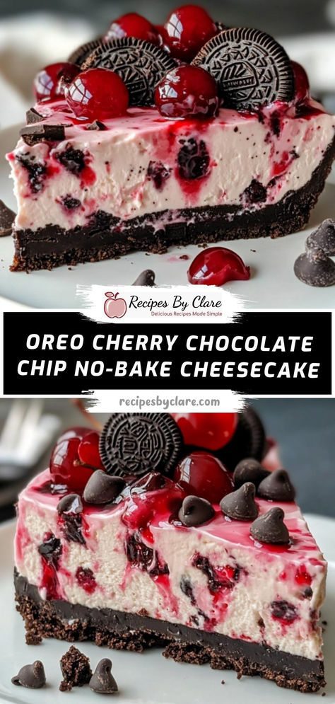 This Creamy No-Bake Oreo Cherry Cheesecake is a perfect combination of Oreo cookie crust, cherry gelatin filling, and chocolate chips. A rich, flavorful dessert that’s easy to prepare!

Ingredients:

16 oz cream cheese
6 oz cherry gelatin
2 cups semisweet chocolate chips
Decorate with extra cherries and Oreo crumbs for a stunning presentation! Oreo Cherry Dessert, No Bake Chocolate Cherry Cheesecake, No Bake Cherry Cheesecake Recipes, Cherry Cheesecake Pie, Chocolate Cherry Cheesecake, Baked Oreo Cheesecake Recipe, Mini Cherry Cheesecakes, Cheesecake With Chocolate, Cherry Cheesecake Recipe