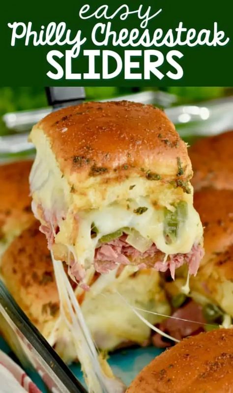 This Easy Philly Cheesesteak Sliders Recipe is so fast and tasty! The perfect game day recipe! The perfect easy dinner! Cheesecake Sliders, Sliders Sandwiches, Philly Cheesesteak Sliders Recipe, Philly Cheesecake, Baked Chili Cheese Dogs, Steak Sliders, Philly Cheesesteak Sliders, Easy Slider Recipes, Cheesesteak Sliders