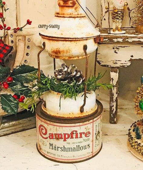 Campfire Marshmallow Tin Decor, Campfire Marshmallow Tin, Vintage Thermos Decor Fall, Vintage Thermos Christmas, Campfire Marshmallows, Vintage Christmas Blow Molds, Thrift Flips, Christmas Lodge, Antique Tin Toys For Sale