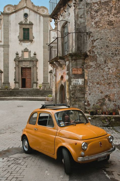 Fiat 500 Vintage, Retro Auto, Taormina Sicily, Auto Vintage, Fiat Cars, Fiat 600, Yellow Car, Cars Vintage, Italian Cars