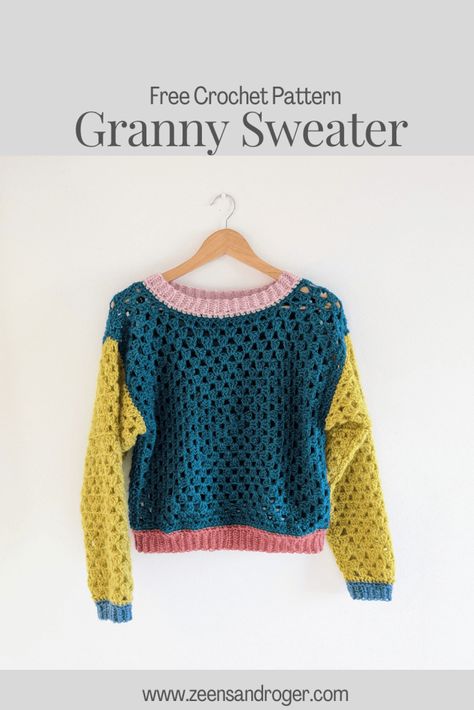 Crochet Square Sweater Pattern Free, Crochet Colour Block Sweater, Colour Block Jumper Knitting Pattern, Granny Sweater Crochet Free Pattern, Crochet Granny Square Jumper Free Pattern, Granny Stitch Sweater Pattern Free, Easy Crochet Jumper Free Pattern, Granny Square Jumper Pattern Free, Granny Sweater Pattern