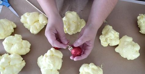 How To Make Popcorn Out Of Spray Foam, Great Stuff Foam Popcorn Garland, Spray Foam Christmas Crafts, Spray Foam Christmas Garland, Expanding Foam Popcorn Garland, Diy Spray Foam Christmas Decorations, Giant Fake Popcorn Diy, Big Popcorn Garland, Diy Popcorn Garland Spray Foam