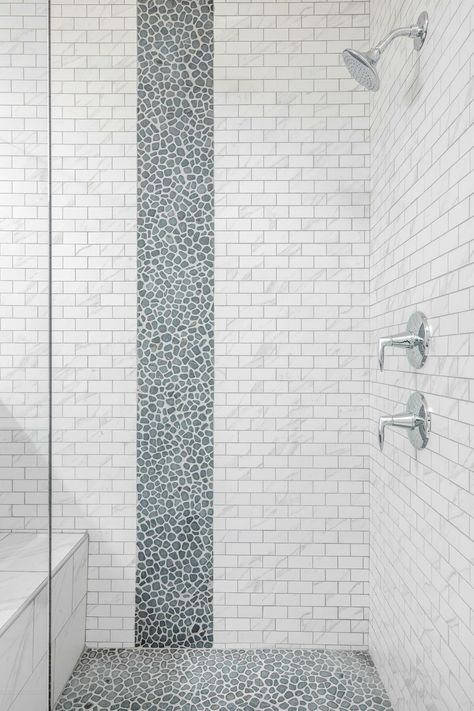 Waterfall design in shower  Elegant Accents Tile & Design White Subway Tile Shower With Blue Accent, Accent Tile In Shower Ideas, Waterfall Tile, Tile Accent Wall Bathroom, Mountain Airbnb, Vertical Tile, Shower Accent Tile, Shower Colors, Tile Showers