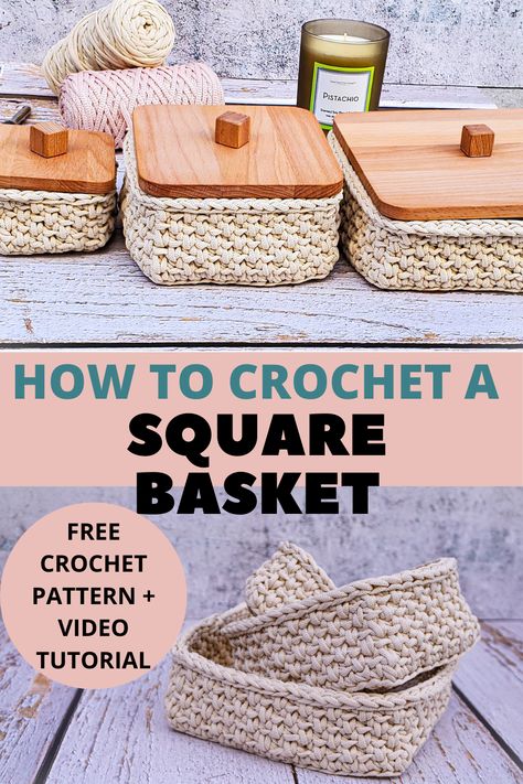 crochet square basket Crochet Nesting Bowls Free Pattern, Crochet Rectangular Basket Pattern Free, Crochet Organizer Basket, Beginner Crochet Basket Pattern Free, Easy Crochet Baskets For Beginners Free, Sturdy Crochet Basket Pattern Free, Crochet Square Baskets, How To Crochet A Basket For Beginners, Crochet Basket With Macrame Cord